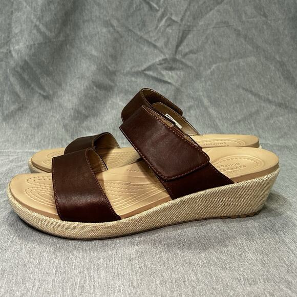 Crocs A-Leigh Wedge Leather Sandals Women’s Size 9 Adjustable Straps Comfy - Picture 1 of 16